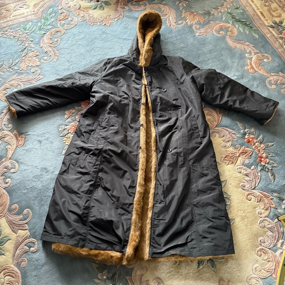 Roamans Black & Brown Reversible Faux Fur Full‑Length Trench Coat Plus Size Cozy - Picture 14 of 16